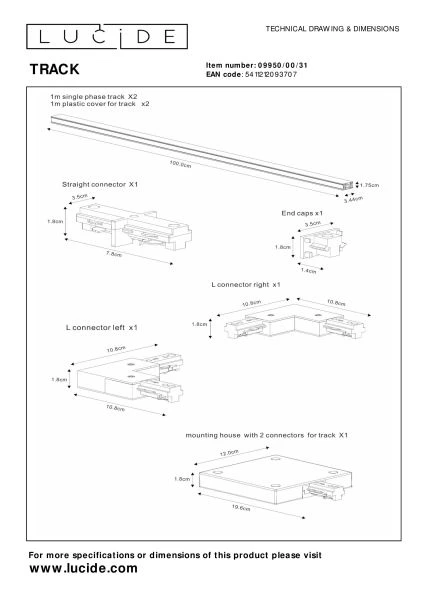 Lucide TRACK Kit de démarrage - Système de rail monophasé / Éclairage sur rail - 2 mètres - Blanc - TECHNISCH